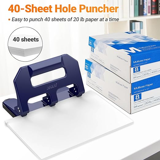 3 Hole Punch Heavy Duty, AFMAT 3 Hole Puncher for Binder, 10000+ Punching Times, 40-Sheet Three Hole Punch, Metal Hole Puncher 3 Ring, 50% Reduced Effort, Bulit-in S.S. Paper Guide, Blue