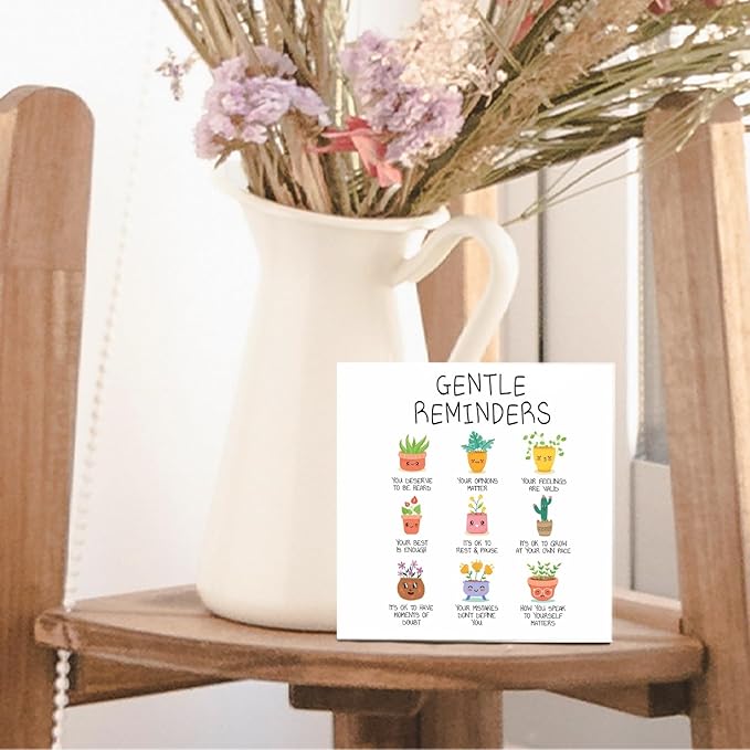 Mental Health Wooden Signs - Gentle Reminders Wooden Box Sign, Inspirational Potted Plant Desk Sign, Therapy Office Decor, Motivated Gifts, 5 X 5 Inches