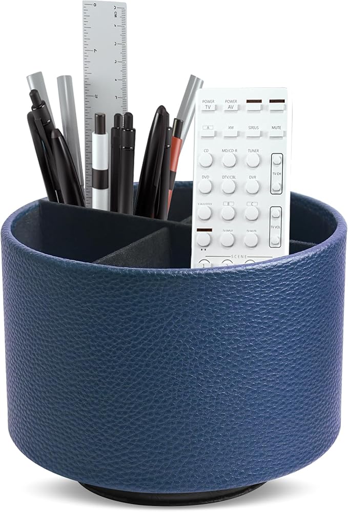 Hennaja Round Leather Art Supply Organizer,Remote Control Holder,360 Degree Spinning,Multi-Functional Pencil Holder,4 Compartments Desktop Stationary Organizer(1-Lichee Blue)
