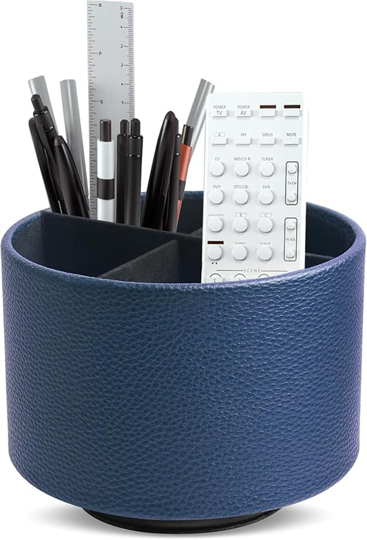 Hennaja Round Leather Art Supply Organizer,Remote Control Holder,360 Degree Spinning,Multi-Functional Pencil Holder,4 Compartments Desktop Stationary Organizer(1-Lichee Blue)