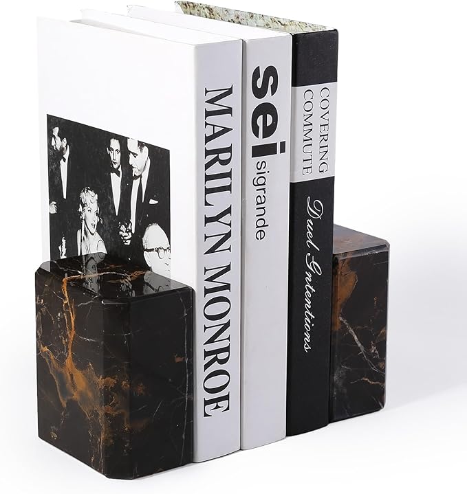 BCS Italy Natural Marble Bookends for Shelves, 7lbs Decorative Book Ends for Heavy Books, Athenian Column Stone Book Holders, Office Bookshelf Stopper Decor for Books, CDs, Video Games (Nero Portoro)