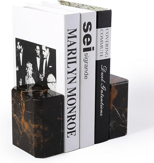 BCS Italy Natural Marble Bookends for Shelves, 7lbs Decorative Book Ends for Heavy Books, Athenian Column Stone Book Holders, Office Bookshelf Stopper Decor for Books, CDs, Video Games (Nero Portoro)