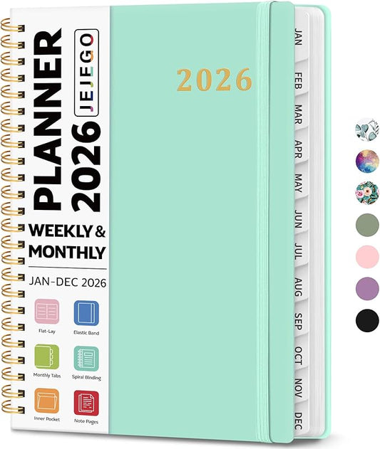 2026 Planner, Weekly and Monthly Calendar Planner Book, January 2026 - December 2026, Hardcover Spiral Planner with Monthly Tabs, Notes Pages, Perfect for Women & Men, A5 (6.4" x 8.5") - Mint