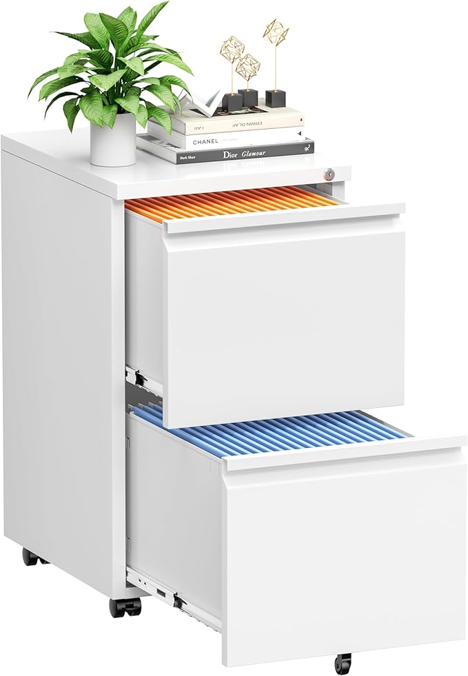 INTERGREAT 2 Drawer File Cabinet, Metal Filling Organizer with Lock, Locking Office Mobile Cabinet with Wheels for Legal/Letter Size, Under Desk, White