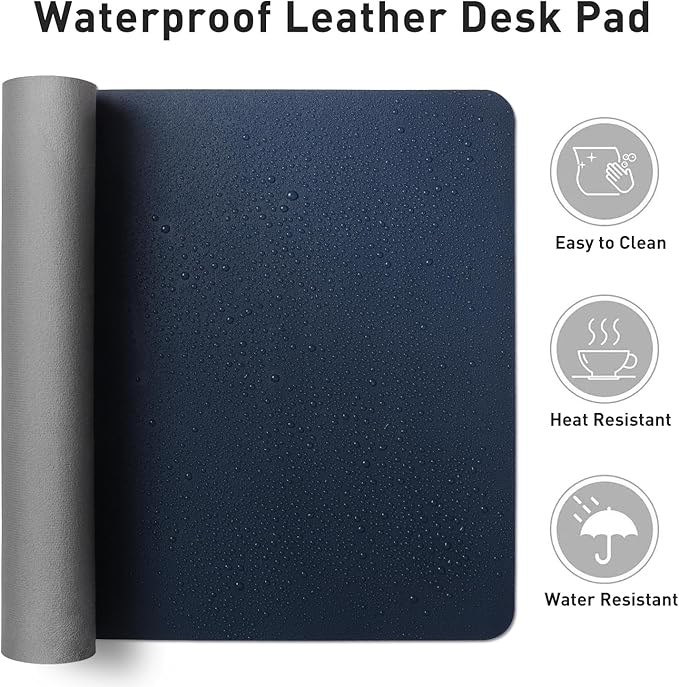 Aothia Faux Leather Desk Mat – Large Mouse Pad, Non-Slip PU Leather Blotter, Waterproof Writing Surface for Office and Home (Dark Blue, 47.2" x 23.6")