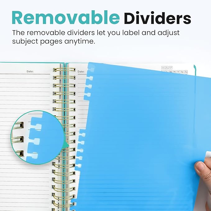 Hardcover Spiral Journal Notebooks for Work With Removable Dividers & Tabs, 8.5"x11" 5 Subject Notebook for Note Taking & Organizer, A4 College Ruled Lined Journal for Women & Writing, Aquamarine, 280 Pages