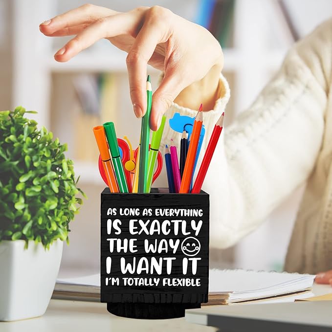 Outus Wooden Spinning Pen Holder for Desk I'll Remember It Later Pencil Holder Cute Organizer Funny Desk Decor Pencil Case Art Supply Storage Box for Home Office (Black)