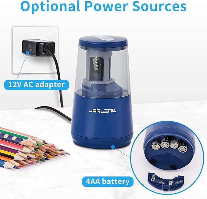 JARLINK Electric Pencil Sharpener, Heavy-Duty Helical Blade to Fast Sharpen, Auto Stop for No.2/Colored Pencils(6-8mm), AC Adapter/Battery Operated in School Classroom/Office/Home (Blue)