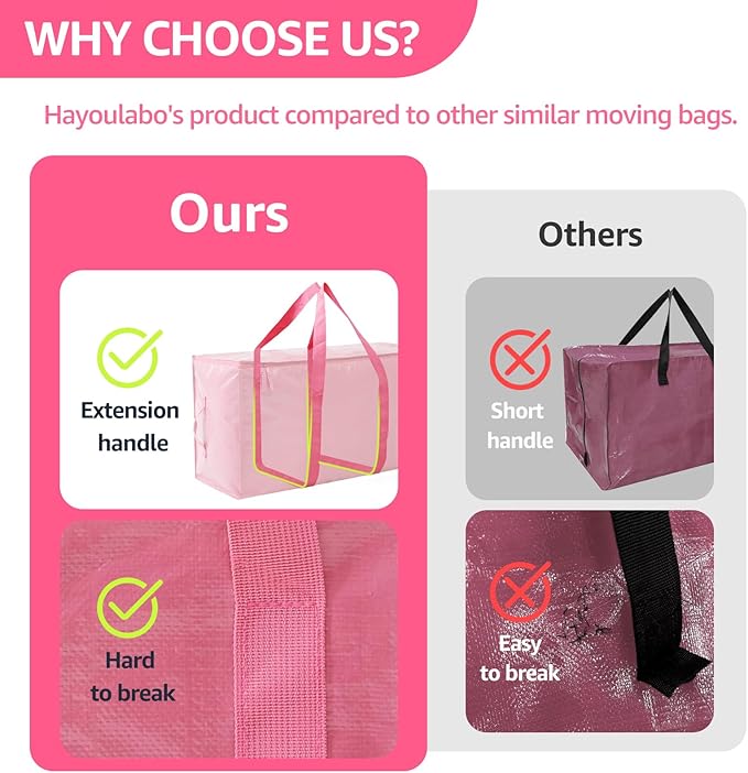 Moving Bags Heavy Duty Extra Large, Moving Boxes, Moving Supplies Essentials, Storage Bins with Lids, Plastic Packing Totes, Storage Bags for Clothes with Handles & Zippers(Pink, 12 Pack)
