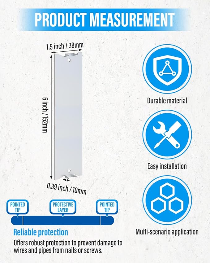 100 Pack Nail Plate for Wood Studs 6 x 1.5 Inch Cable Protector Plate Safety Metal Furniture Hardward with Pointed Prongs for Plumbing & Wiring Protection