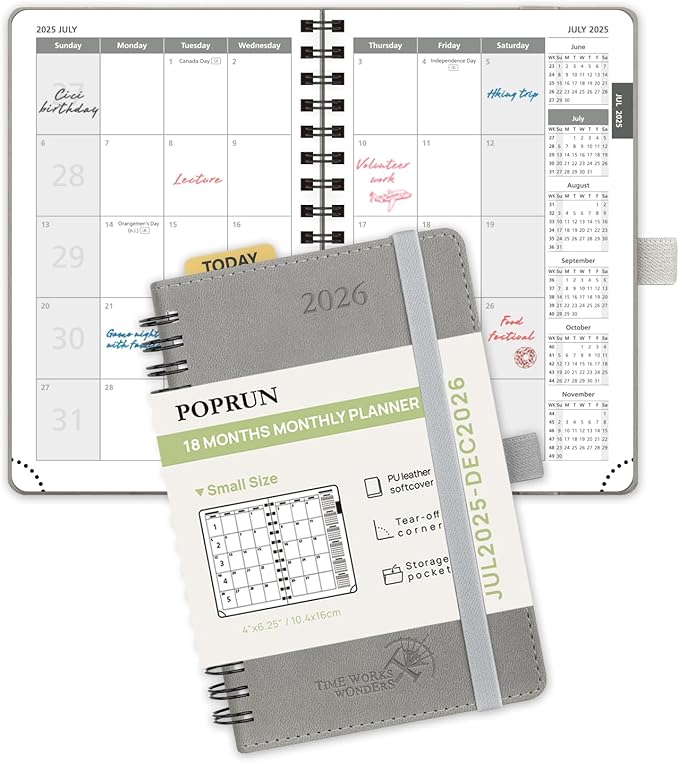 POPRUN Monthly Planner 2025-2026 Pocket Size (4" x 6.25") 18 Months Calendar (Jul 2025 - Dec 2026) - 4 Pages per Month with Monthly Expense & Notes, Sunday Start, Leather Cover - Grey