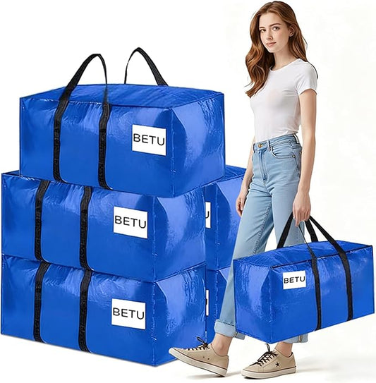 Extra Large Moving Bags Heavy Duty Storage Bags with Zipper Handles, BETU 6 Pack Clothes Storage Totes Bins Packing Moving Boxes, Moving Supplies for College Dorm Essentials, Space Saving, Blue