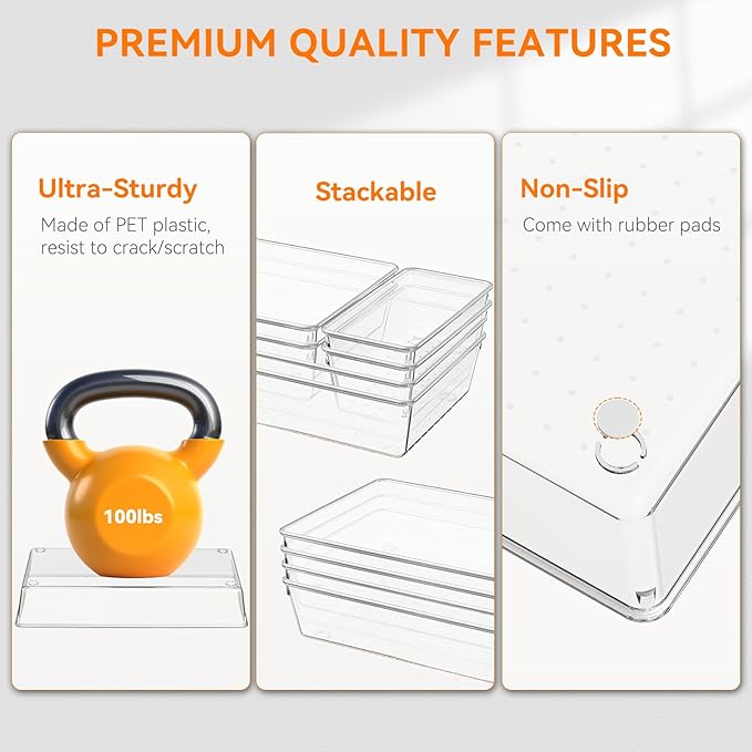 Criusia 21 Pack Large Clear Plastic Drawer Organizer Trays | BPA-Free Acrylic Organizer Bins for Large Kitchen Utensils, Bathroom, Makeup, Jewelries, Office Desk, School Supplies, Perfume