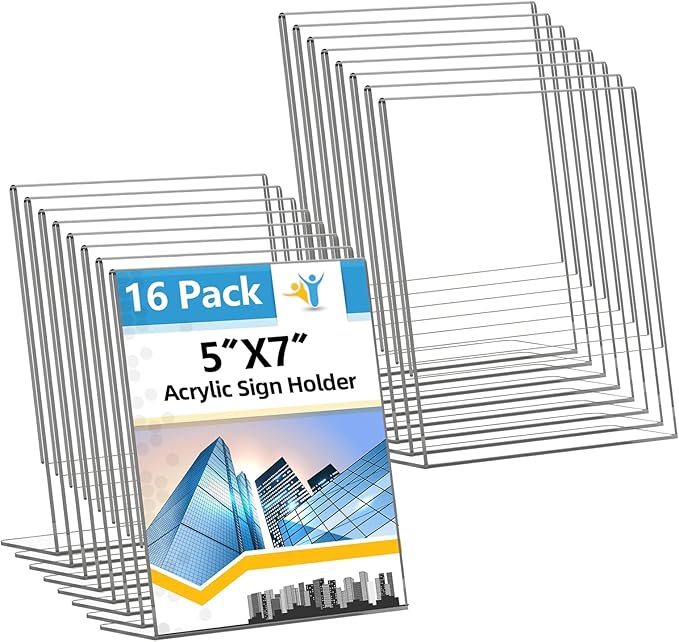 Acrylic Sign Holder 5x7 Inches, 16 Pack Clear Plastic Table Paper Display Stand, L-Shape Vertical Menu Holder Stand, Clear Picture Photo Flyer Display Stand for Restaurants, Store Show, Office Desktop