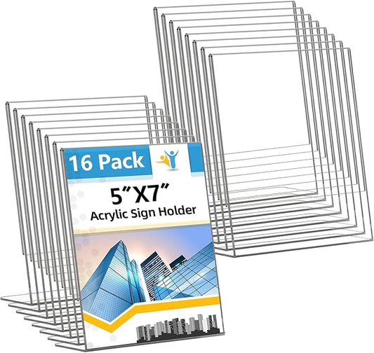 Acrylic Sign Holder 5x7 Inches, 16 Pack Clear Plastic Table Paper Display Stand, L-Shape Vertical Menu Holder Stand, Clear Picture Photo Flyer Display Stand for Restaurants, Store Show, Office Desktop