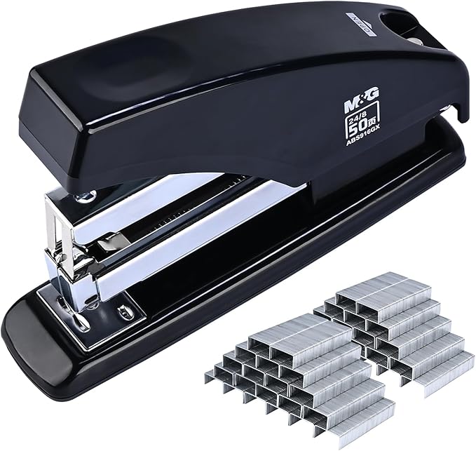 M&G Desk Effortless Stapler with 2000 Staples, 50 Sheets Capacity Heavy Duty Office Staplers, Jam Free, One Finger Touch Stapling Ergonomic Stapler for School Home Office Supplies (Black)