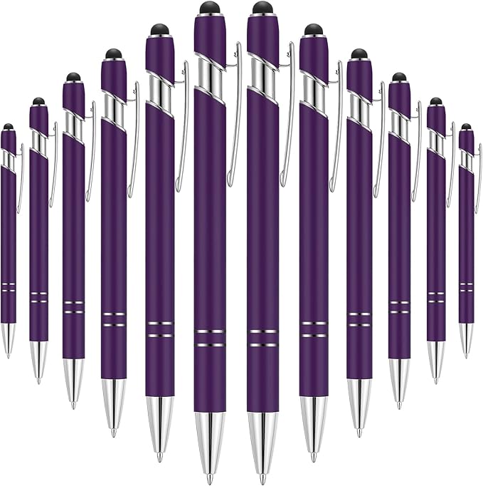 Tenare 12 Pieces 2 in 1 Stylus Metal Ballpoint Pen with Stylus Tip, 1.0 mm Black Ink Ballpoint Pen for Touch Screens(Purple and Silver)