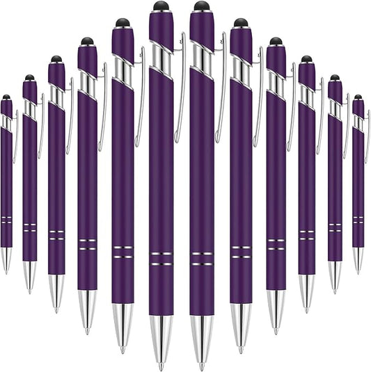 Tenare 12 Pieces 2 in 1 Stylus Metal Ballpoint Pen with Stylus Tip, 1.0 mm Black Ink Ballpoint Pen for Touch Screens(Purple and Silver)
