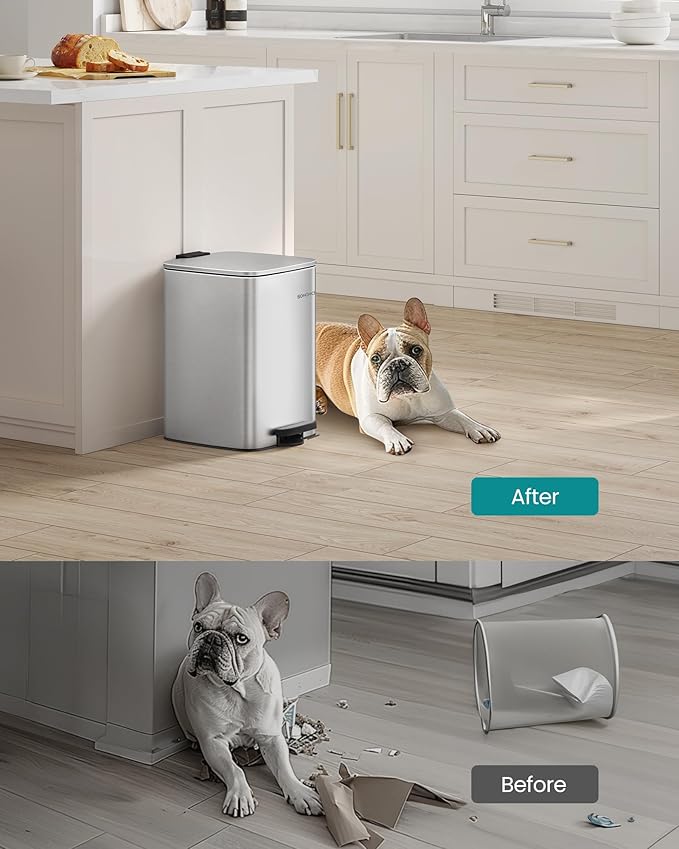 SONGMICS Kitchen Trash Can, 5.2-Gallon (20 L) Trash Bin, Stainless Steel Garbage Can, with Inner Bucket, Soft Close and Stays Open, Metallic Silver ULTB592E01