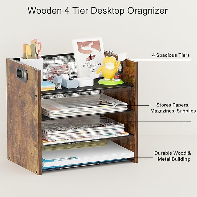 Wood Desk Organizer - 4-Tier Desktop File Organizer, Wooden Paper Organizer, Office Desk Organizer for Papers, Mail, Notebooks, Stationery