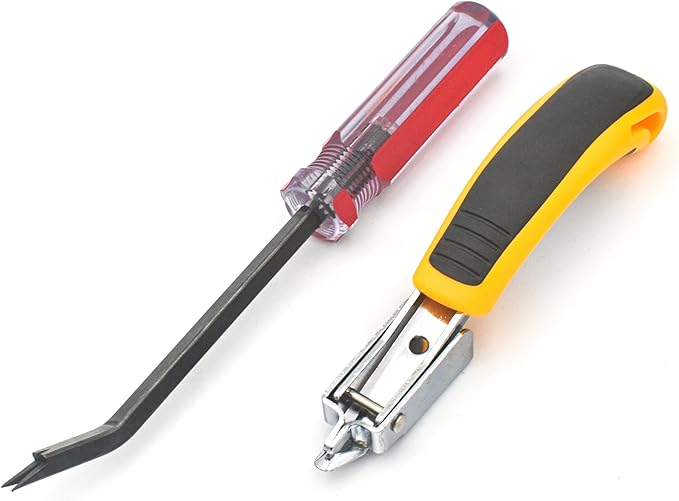 Staple Remover Heavy Duty Tack Puller with Double Pronged Head, Industrial Staple Remover Upholstery Tool for Furniture, Floor, Carpet, Carton (Red Handle)