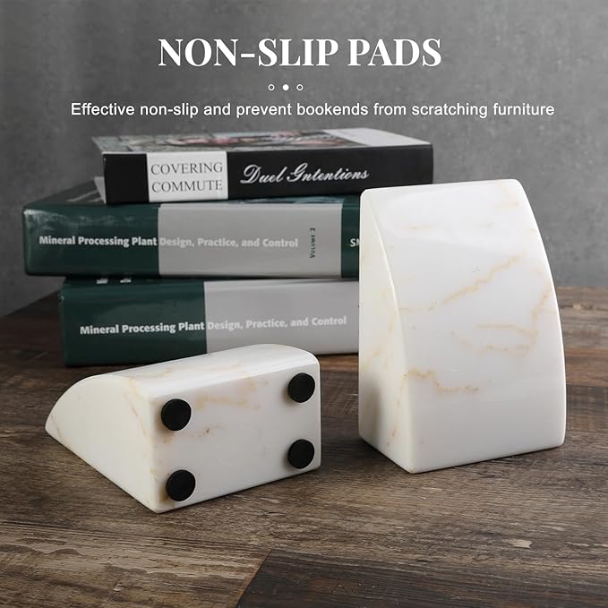 Koville Marble Bookends for Shelves, Large Bookends for Heavy Books, Natural Stone Book Stopper for Books CD Movies, Aesthetic Decorative Book Ends (Golden Calacatta)