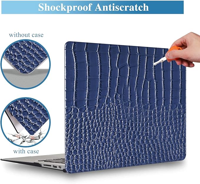 KEROM Compatible with Crocodile MacBook Air 13 inch Case 2021 2020 2019 2018 M1 A2337 A2179 A1932, Textured Elegant Luxury Aligator Skin Snakeskin PU Leather Hard Shell & Keyboard Cover, Blue