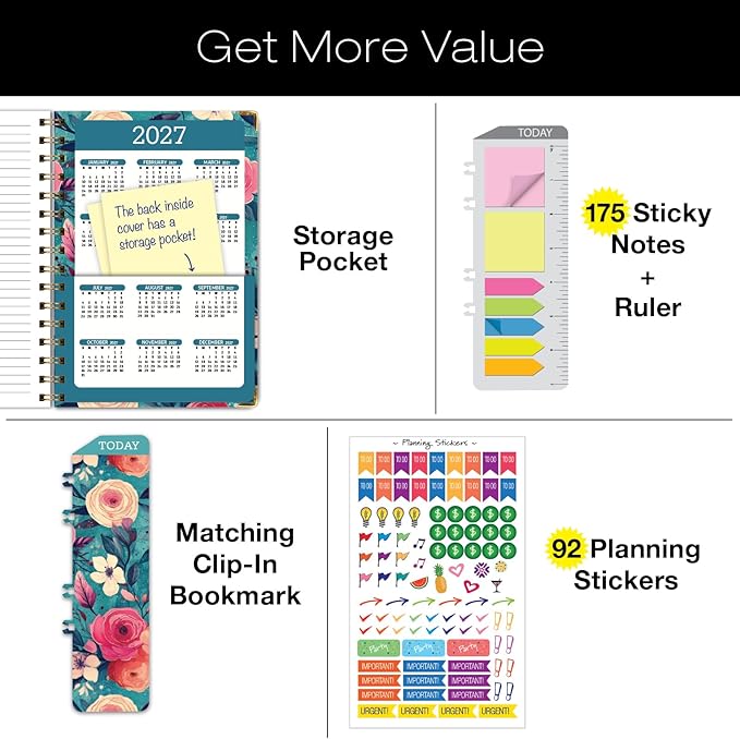 HARDCOVER 2026 Planner, 5.5"x8": 14 Months (November 2025 - December 2026), Daily Weekly Monthly Planner, Yearly Agenda, Bookmark, Pocket Folder and Sticky Note Set (Teal Floral)