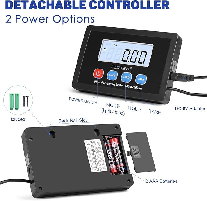 Fuzion Shipping Scale 440lb x 10g Accuracy, Postal Scale with Hold/Tare, Digital Shipping Scale for Packages Small Business, Luggage, Battery & AC/DC Adapter
