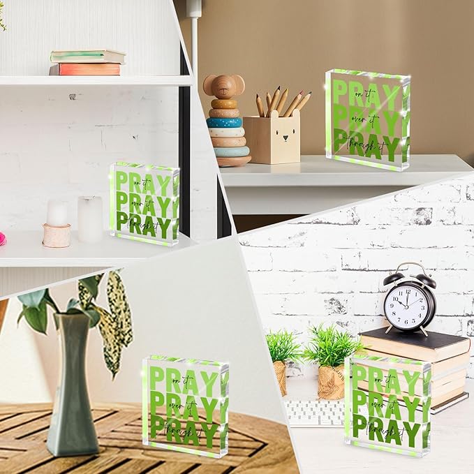 Ideal Christian Gifts for Women - Pray On It,Pray Over It - Bible Verse Desk Art, Inspirational Decor, Green Dorm Room Decor for Women, Desk Decorations for Office, 4 x 4 inches（Green）