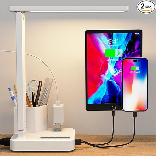 COZOO LED Desk Lamp with 2 USB Charging Ports,Type C Port,1 AC Outlet,2 Pen Holders,3 Color Temperature 3 Brightness Level,Touch/Memory/Timer,10W Eye Protection Foldable Reading Light,Study Lamp-White