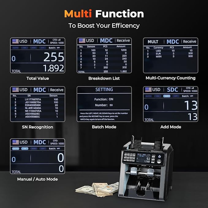 MUNBYN IMC08 Dual Money Counter Machine Mixed Denomination with Reject Pocket, Value Counting, Counterfeit Detection 2 CIS/UV/MG/IR, Sort&Print Enabled Cash Counter, Mixed Bill Counter (Black)