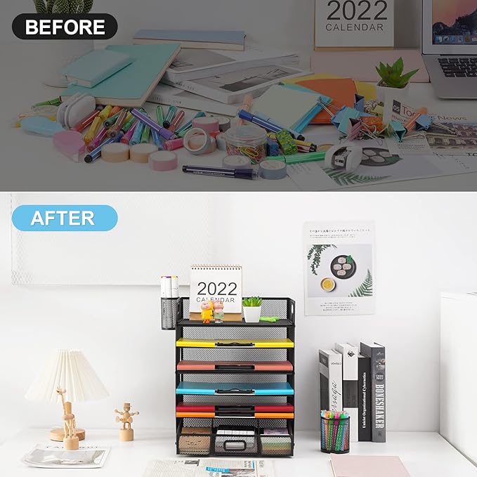 Lavatino 6-Tier Paper Organizer Letter Tray with Drawer - Mesh Desk File Paper office Supplies Sorter Organizer for Office, Home or School File Folder Holder - Black