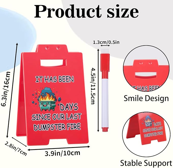 Funny Dumpster Fire Desk Sign – Writable Countdown Sign for Office Desk Decor, Red Triangular Plastic Sign for Workspaces, Colleagues, Boss Gifts