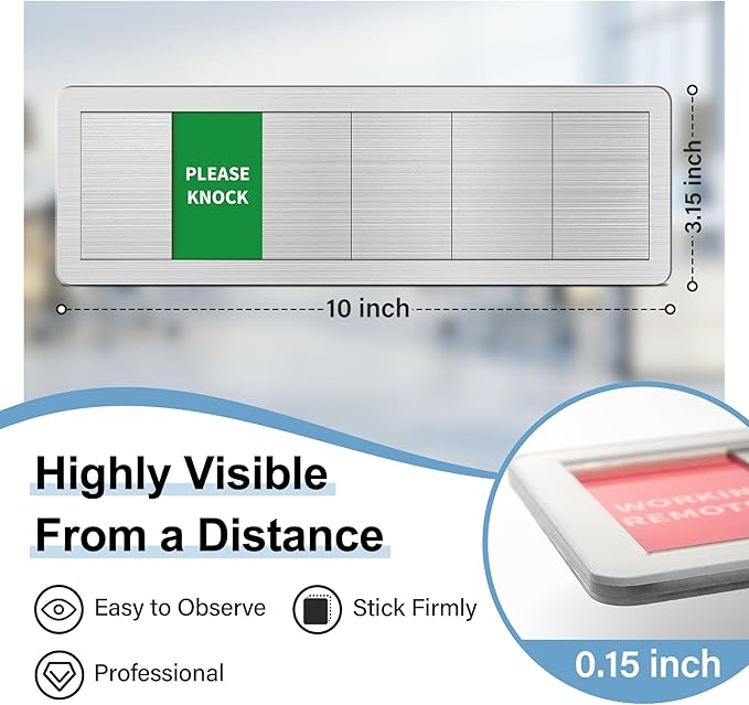 Office Door Sign With Adjustable Stand, 6 Options Privacy Slider Do Not Disturb, Please Knock, In A Meeting, Out Of Office, Working Remotely, Back Soon, Brushed Silver 10x3.15 Inch With 3 Stickers