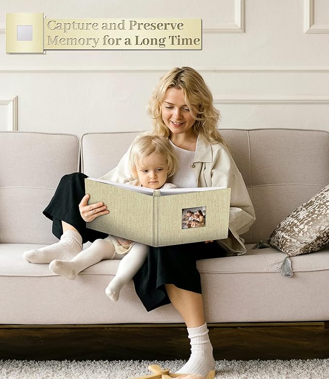 Photo Album Self Adhesive Scrapbook Album for 3x5 4x6 5x7 8x10 Pictures,60 Pages Linen Cover with Display Window DIY Photo Book,Ideal Gifts for Family Travel Wedding Baby