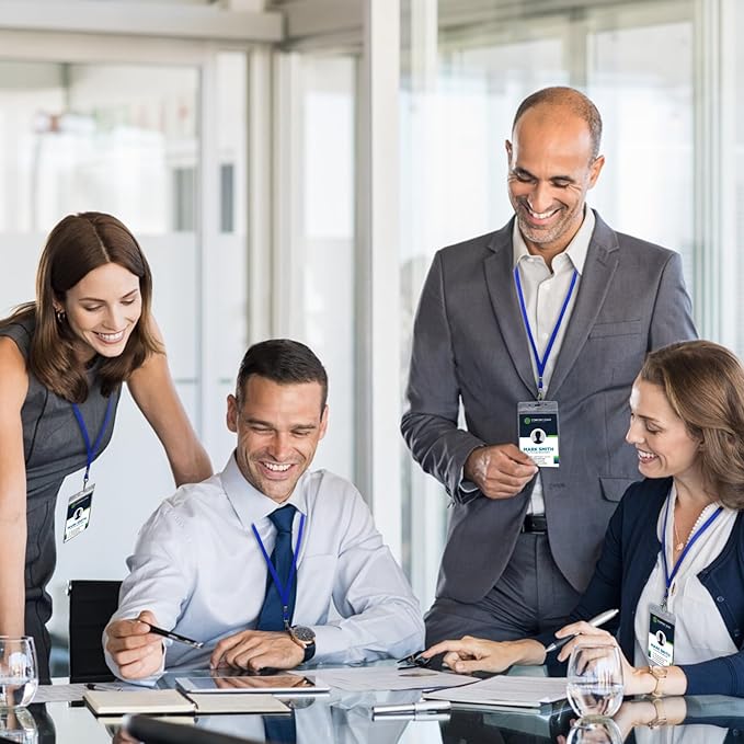 Fushing 50pcs Clear Plastic Vertical Name Tags Badge ID Card Holders and Blue Neck Lanyards with Swivel Hook for School, Festival, Event (L)