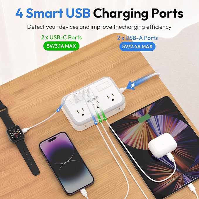 Surge Protector Power Strip 10 ft, Flat Plug Extension Cord with 6 Outlets 4 USB Ports, Outlet Extender Long Cord, Overload Protection, Extension Cord with Multiple Outlets for Indoor, Home, Office