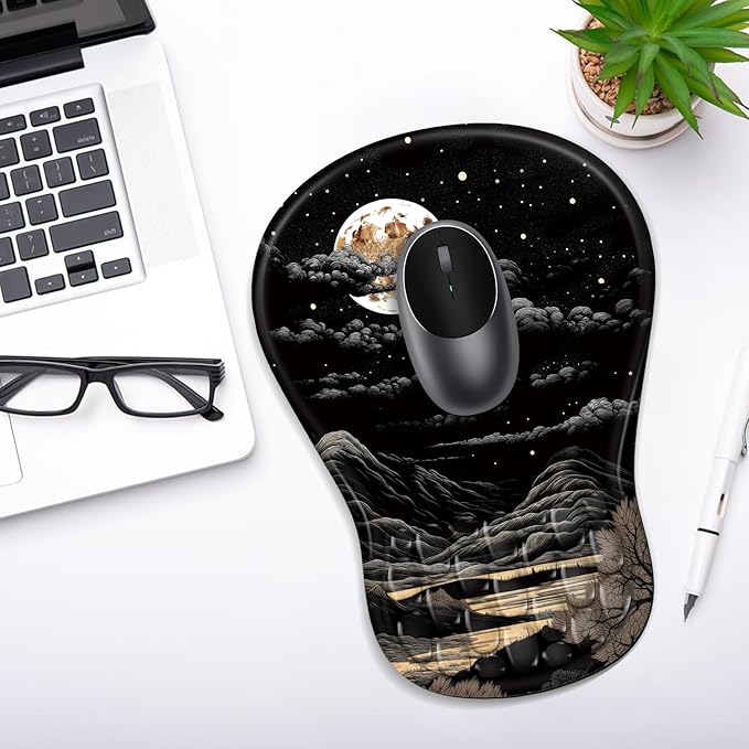 YIWEI Ergonomic Mouse Pad with Wrist Rest Support, Mousepad with Comfortable Memory Foam Wrist Rest and Non-Slip PU Base for Pain Relief, Computer, Laptop, Office, Home (Moon)