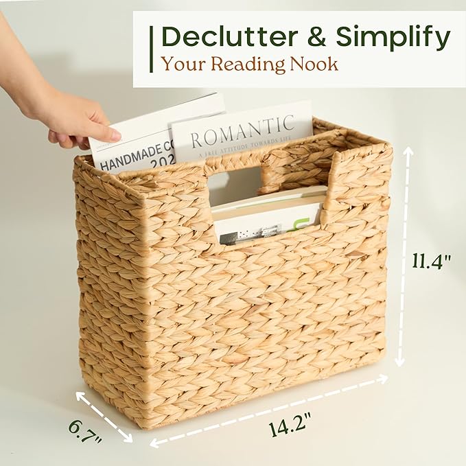 Wicker Magazine Basket, Handwoven Water Hyacinth Storage Bin & Organizer for Files, Books, Newspapers, Documents, Decorative Storage Bin with Handle for Office, Living Room, Dorm, Bathroom