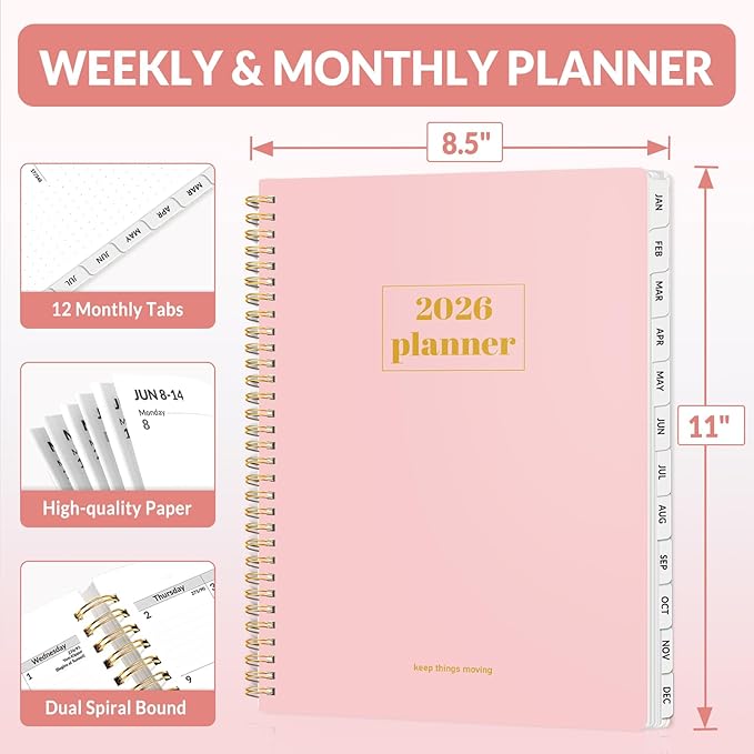 SUNEE Planner 2026 Weekly and Monthly, January 2026-December 2026, 8.5"x11", Tabs, Note Pages,Spiral Binding, Pink