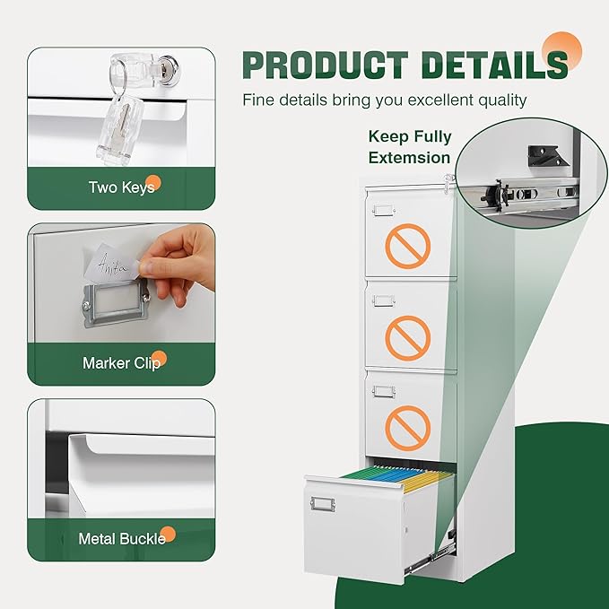Letaya 4 Drawer File Cabinet with Lock,Metal Office Filing Cabinets for Home Office- Storage A4/F4/Letter/Legal -Assembly Required (White)