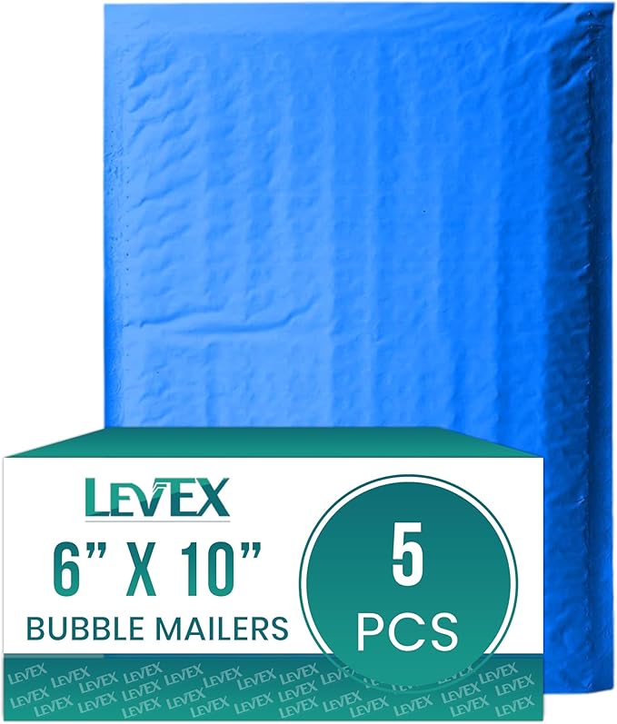 Levex - #0 6" x 10" [5 Pack] Blue Poly Bubble Mailers, Padded Envelope Mailers, Packing Envelope & Mailing Bags for Shipping