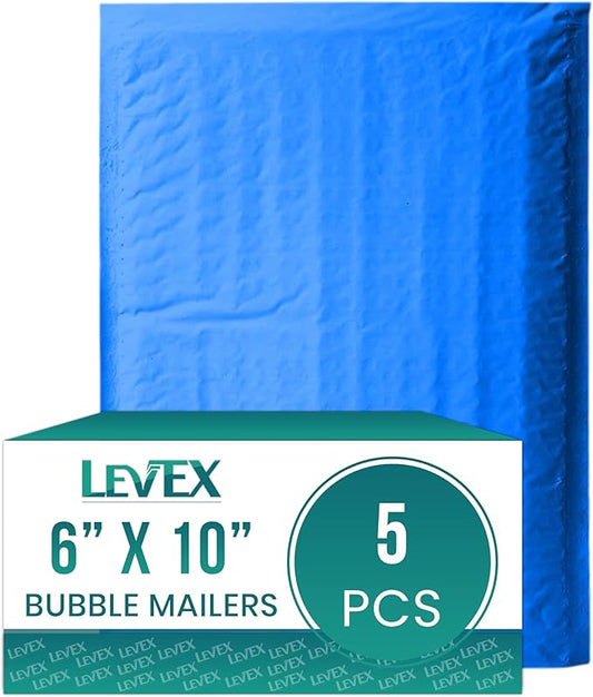 Levex - #0 6" x 10" [5 Pack] Blue Poly Bubble Mailers, Padded Envelope Mailers, Packing Envelope & Mailing Bags for Shipping