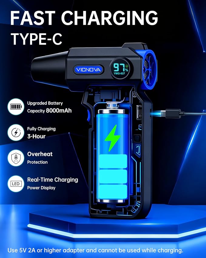 VICNOVA Compressed Air Duster, 150,000RPM Cordless Electric Air Blower with 3-Speed Adjustable Rechargeable with LED Light for Cleaning Car, Computer, PC Keyboard, Gifts for Dad, Man, Him