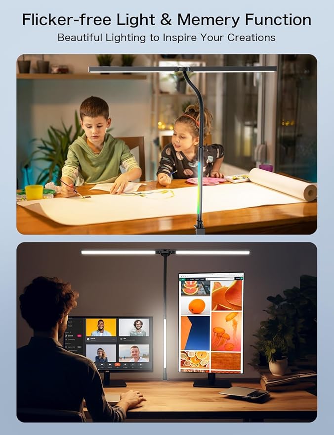 LED Desk Lamp with Clamp,Architect Desk Lamp for Home Office,24W Ultra Bright with RGB Atmosphere Lighting,Remote Control,5 Color Modes & 5 Dimmable Eye Protection for Monitor Studio Reading