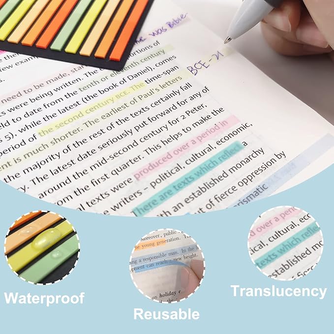 Potanro Sticky Tabs 2300 Pcs Translucent Sticky Tabs 10 Sheets Highlighter Book Tape Long Highlighting Sticky Tabs for Annotating Books, Aesthetic Office Suppliesbook for Annotating Books
