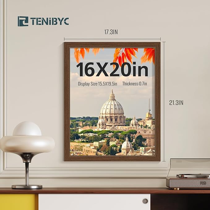 16x20 Frame 4 Pack - Brown, HD Tempered Glass, Natural Wood Picture Frame, Display 16 x 20 Photos or Posters, Vertical & Horizontal Wall Hanging