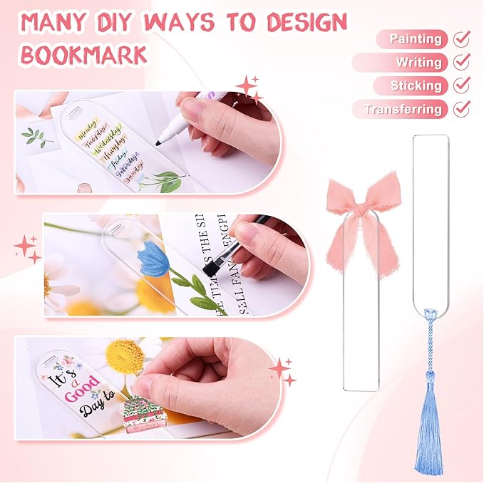 30 Pieces Acrylic Bookmark Blanks(3mm Thick), Clear Acrylic Bookmarks with 30PcsTassels, 3 Rolls Chiffon Silk Ribbon and 30 Packaging Bags, Transparent DIY Bookmarks for Reading Lover Crafts Present