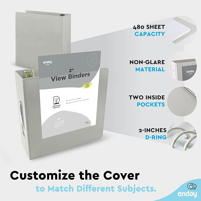 2 Inch 3 Ring Binder 2” Grey, Slant D-Ring 2 in Binder Clear View Cover with 2 Inside Pockets, Heavy Duty Colored School Supplies Office and Home Binders – by Enday
